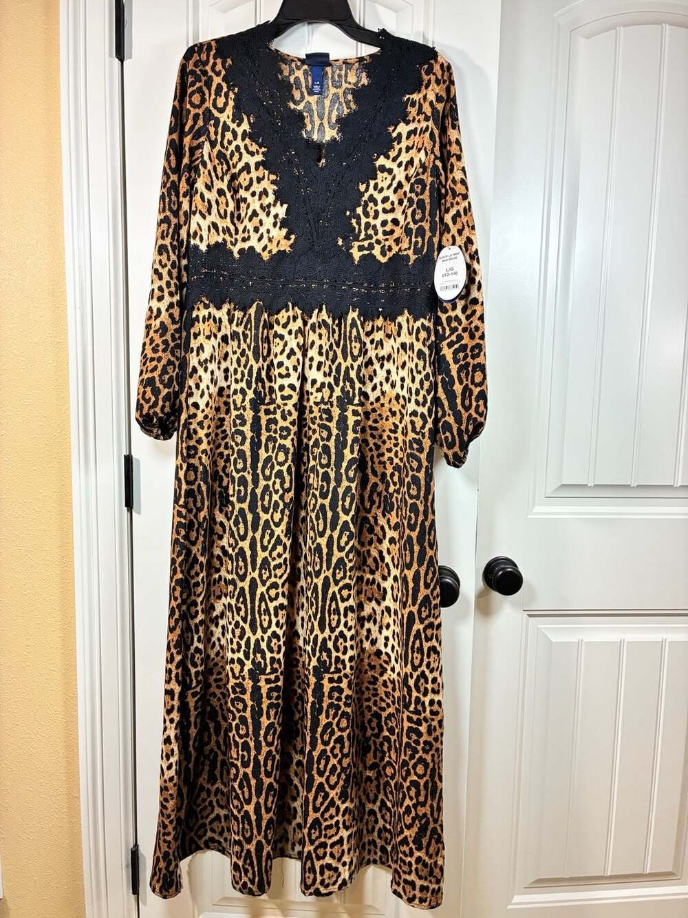 Scoop L/S Print Maxi Dress, Natural Leopard, Size L (12-14)
